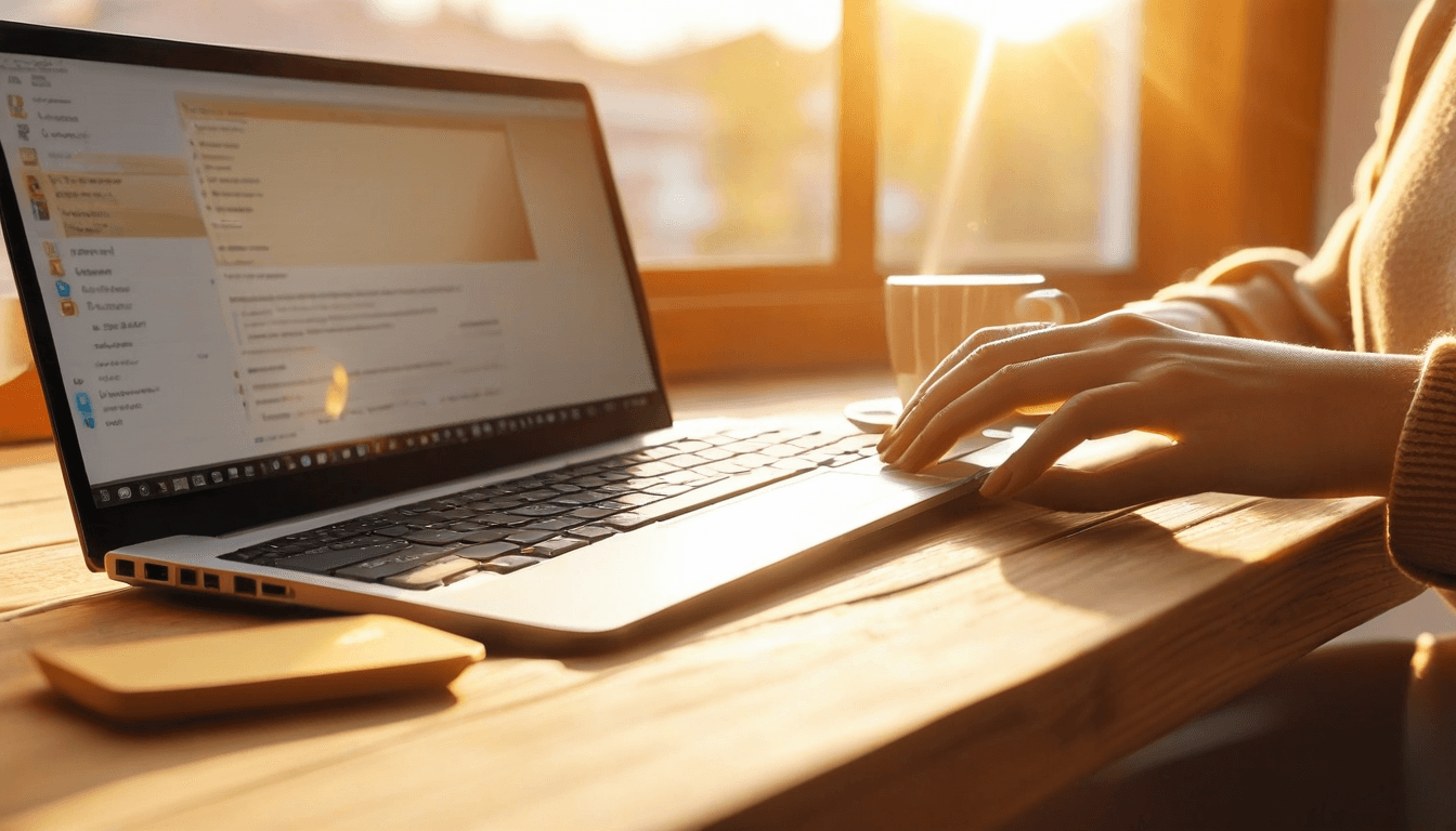 Teacher at laptop with morning coffee, reviewing and uploading materials to save time