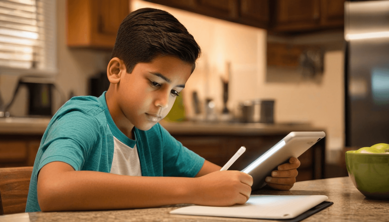 Student doing homework on a tablet at home, using interactive study tools