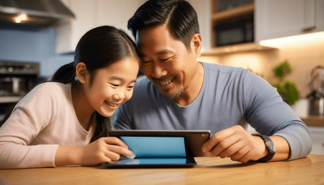 Parent and child celebrating a study achievement together on a tablet